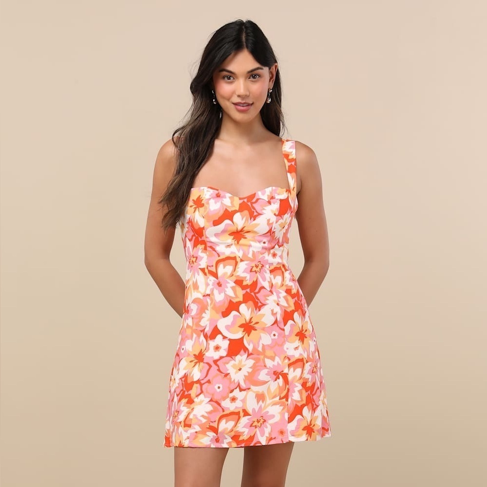 LULU’S Ashlea Orange Floral Sweetheart Mini Dress - Picture 4 of 6